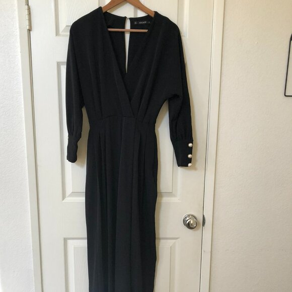 Zara Black Wide Leg Crossover Pearl Button Jumpsuit S - Picture 2 of 7